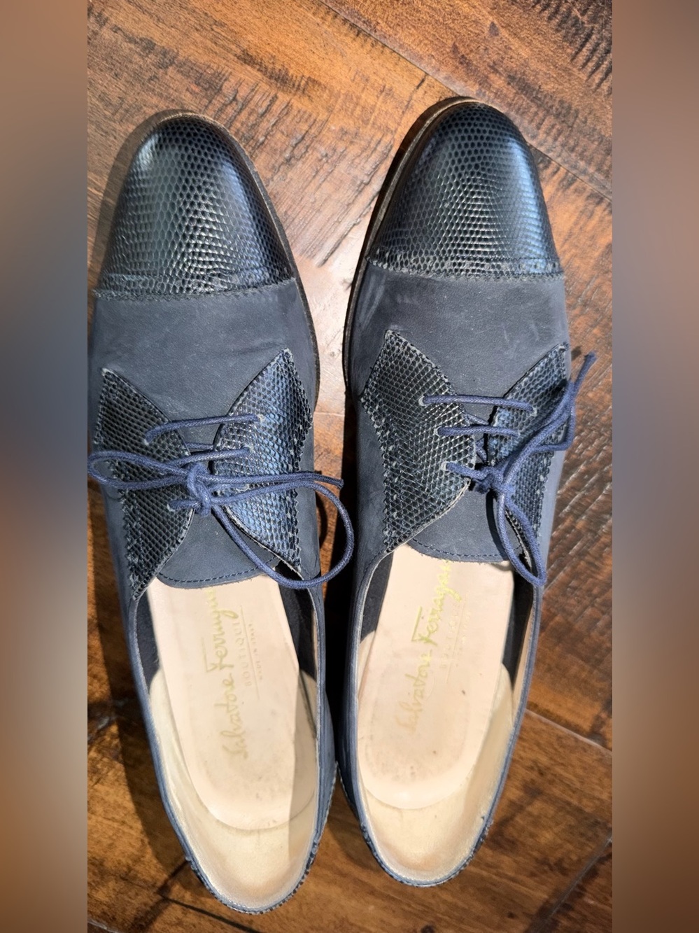 Salvatore Ferragamo Navy Suede & Textured Leather Lace-Up Flats